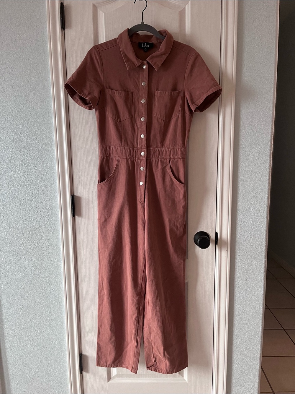Lulu's Rust-Tone Button Front Short Sleeve pants Jumpsuit Brown Red